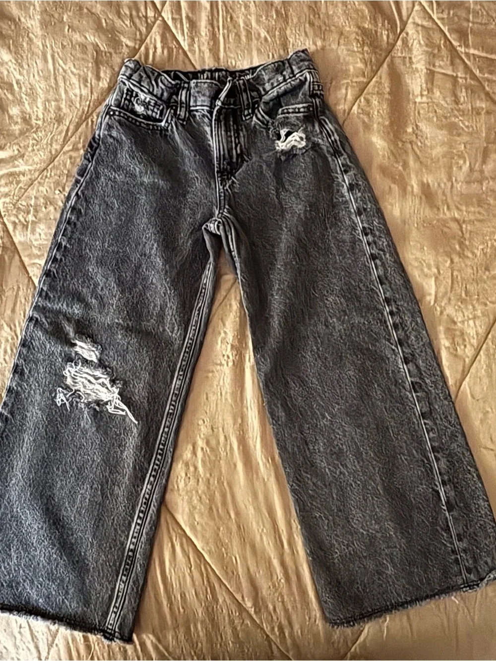 GAP Black Washed Relaxed Wide-Leg Distressed Kid Jeans